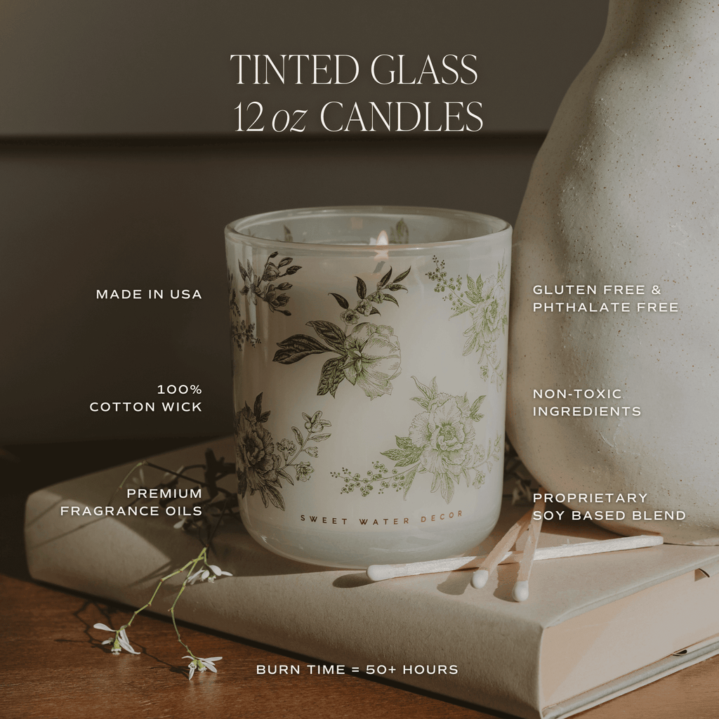 Green Floral Soy Candle - White Translucent Tinted Glass Jar - 12 oz (Lavender and Sage) - Che Cose Belle