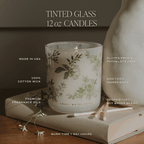 Green Floral Soy Candle - White Translucent Tinted Glass Jar - 12 oz (Lavender and Sage) - Che Cose Belle