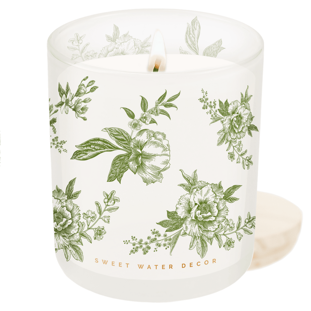 Green Floral Soy Candle - White Translucent Tinted Glass Jar - 12 oz (Lavender and Sage) - Che Cose Belle