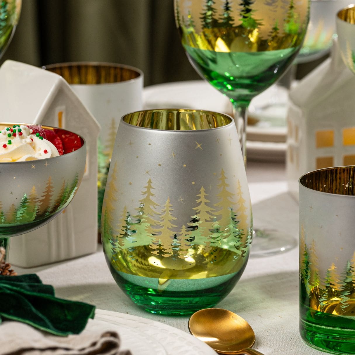 Green Pine Tree Stemless Wine Glasses - Che Cose Belle