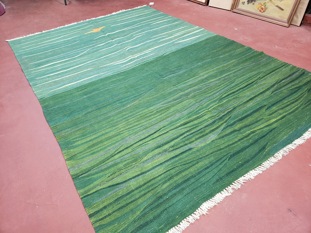 Green Turkish Kilim Rug, 6x9 - 7x10 Rugs, Bird, Handmade New Area Rug, Wool, Bohemian Boho Decor, Hand Woven, Modern Abstract Flat Weave Rug - Che Cose Belle