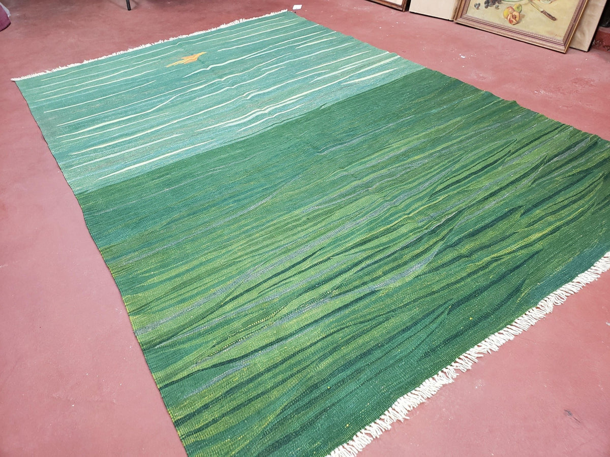Green Turkish Kilim Rug, 6x9 - 7x10 Rugs, Bird, Handmade New Area Rug, Wool, Bohemian Boho Decor, Hand Woven, Modern Abstract Flat Weave Rug - Che Cose Belle