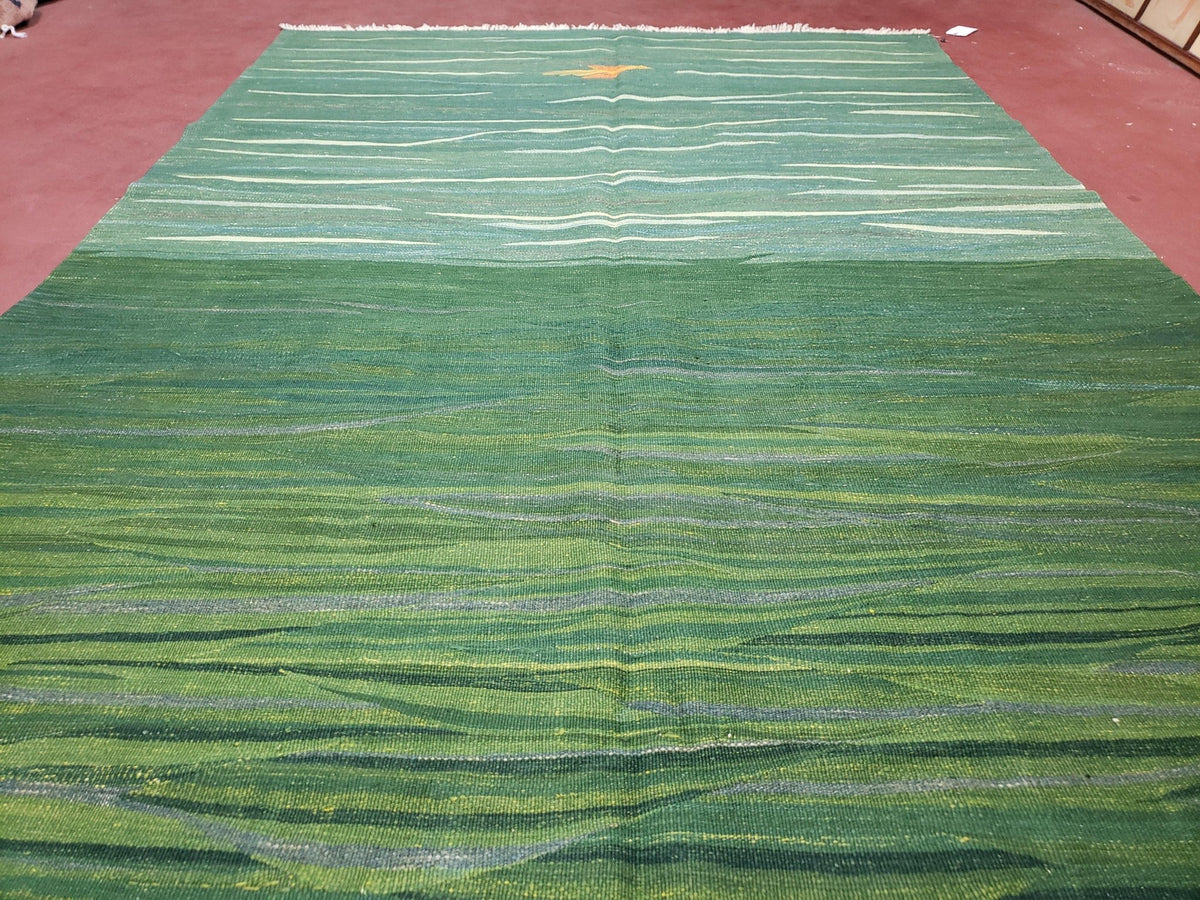 Green Turkish Kilim Rug, 6x9 - 7x10 Rugs, Bird, Handmade New Area Rug, Wool, Bohemian Boho Decor, Hand Woven, Modern Abstract Flat Weave Rug - Che Cose Belle