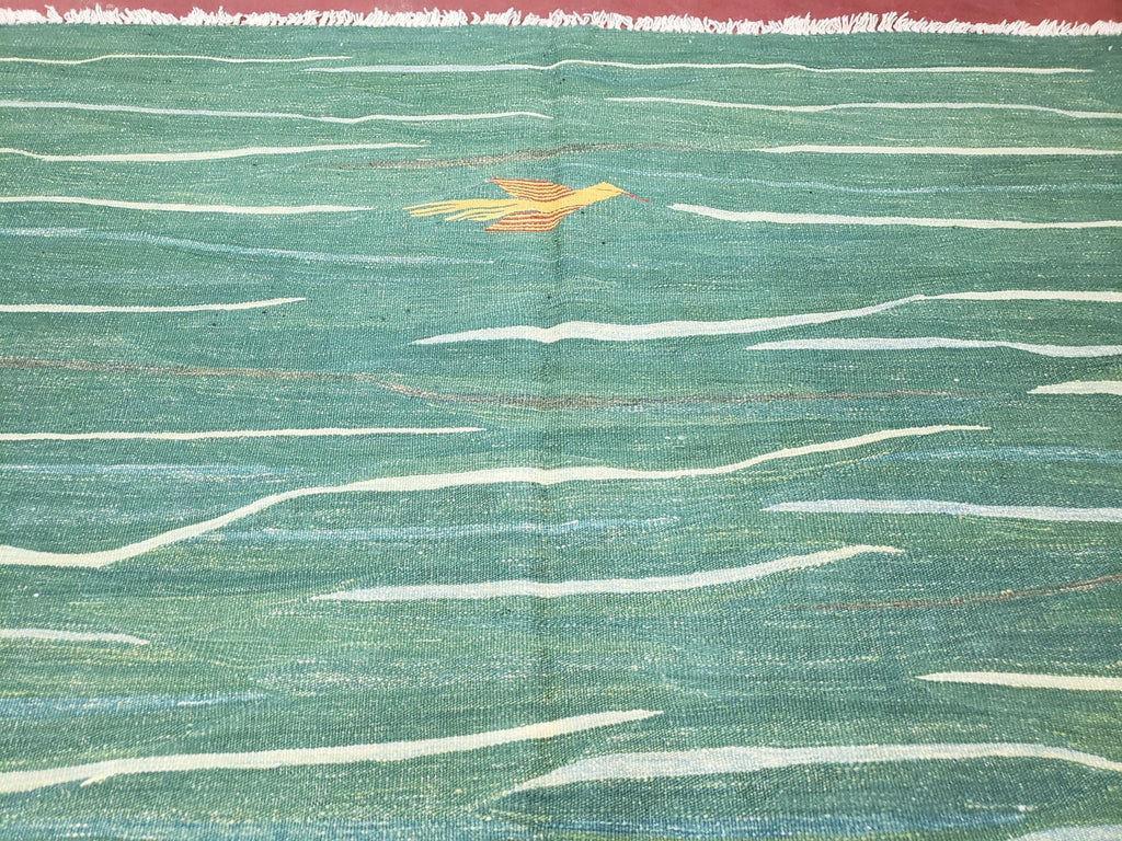 Green Turkish Kilim Rug, 6x9 - 7x10 Rugs, Bird, Handmade New Area Rug, Wool, Bohemian Boho Decor, Hand Woven, Modern Abstract Flat Weave Rug - Che Cose Belle
