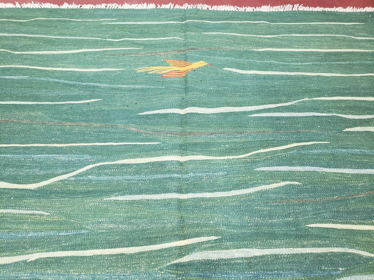 Green Turkish Kilim Rug, 6x9 - 7x10 Rugs, Bird, Handmade New Area Rug, Wool, Bohemian Boho Decor, Hand Woven, Modern Abstract Flat Weave Rug - Che Cose Belle