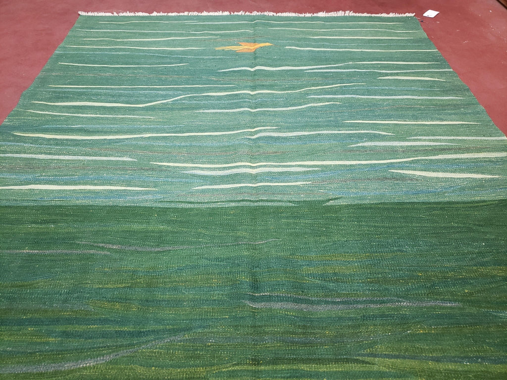 Green Turkish Kilim Rug, 6x9 - 7x10 Rugs, Bird, Handmade New Area Rug, Wool, Bohemian Boho Decor, Hand Woven, Modern Abstract Flat Weave Rug - Che Cose Belle
