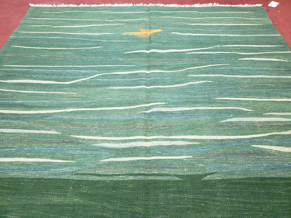 Green Turkish Kilim Rug, 6x9 - 7x10 Rugs, Bird, Handmade New Area Rug, Wool, Bohemian Boho Decor, Hand Woven, Modern Abstract Flat Weave Rug - Che Cose Belle