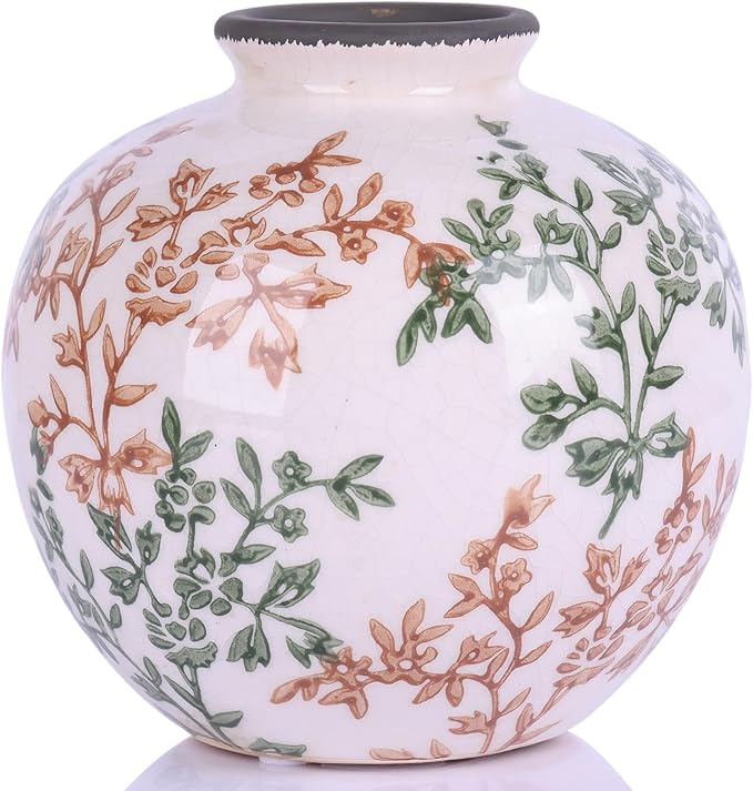 Green, White, and Brown Vintage Round vase, Chinese-Style Green Farmhouse Decorative vase, Suitable for Home Decor，Living Room, Dining Table, Office, Bookshelf, TV Cabinet, entryway Decor. - Che Cose Belle