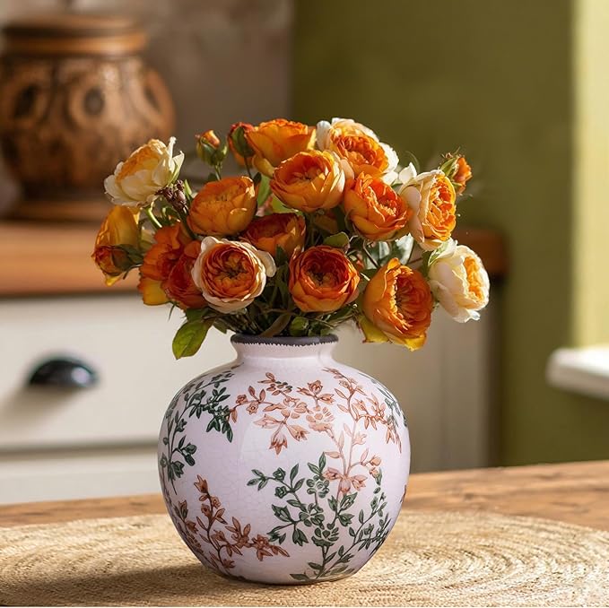 Green, White, and Brown Vintage Round vase, Chinese-Style Green Farmhouse Decorative vase, Suitable for Home Decor，Living Room, Dining Table, Office, Bookshelf, TV Cabinet, entryway Decor. - Che Cose Belle