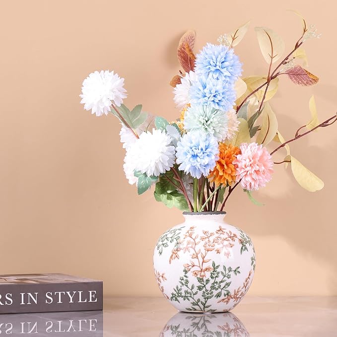 Green, White, and Brown Vintage Round vase, Chinese-Style Green Farmhouse Decorative vase, Suitable for Home Decor，Living Room, Dining Table, Office, Bookshelf, TV Cabinet, entryway Decor. - Che Cose Belle