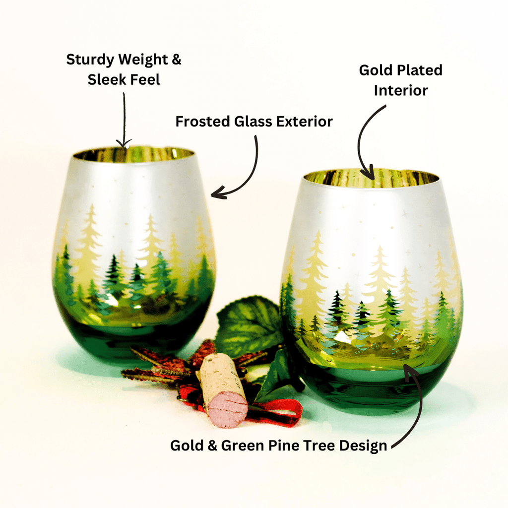 Green Pine Tree Stemless Wine Glasses