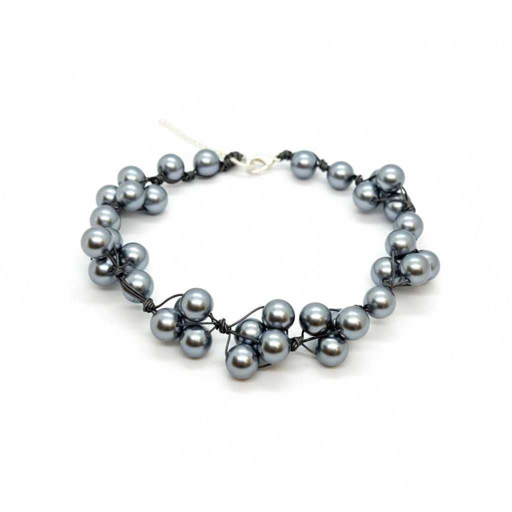 Grey Glass Pearls and Platinum Leather Woven Necklace - Che Cose Belle