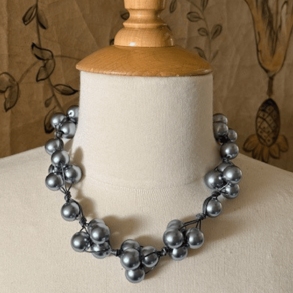 Grey Glass Pearls and Platinum Leather Woven Necklace - Che Cose Belle