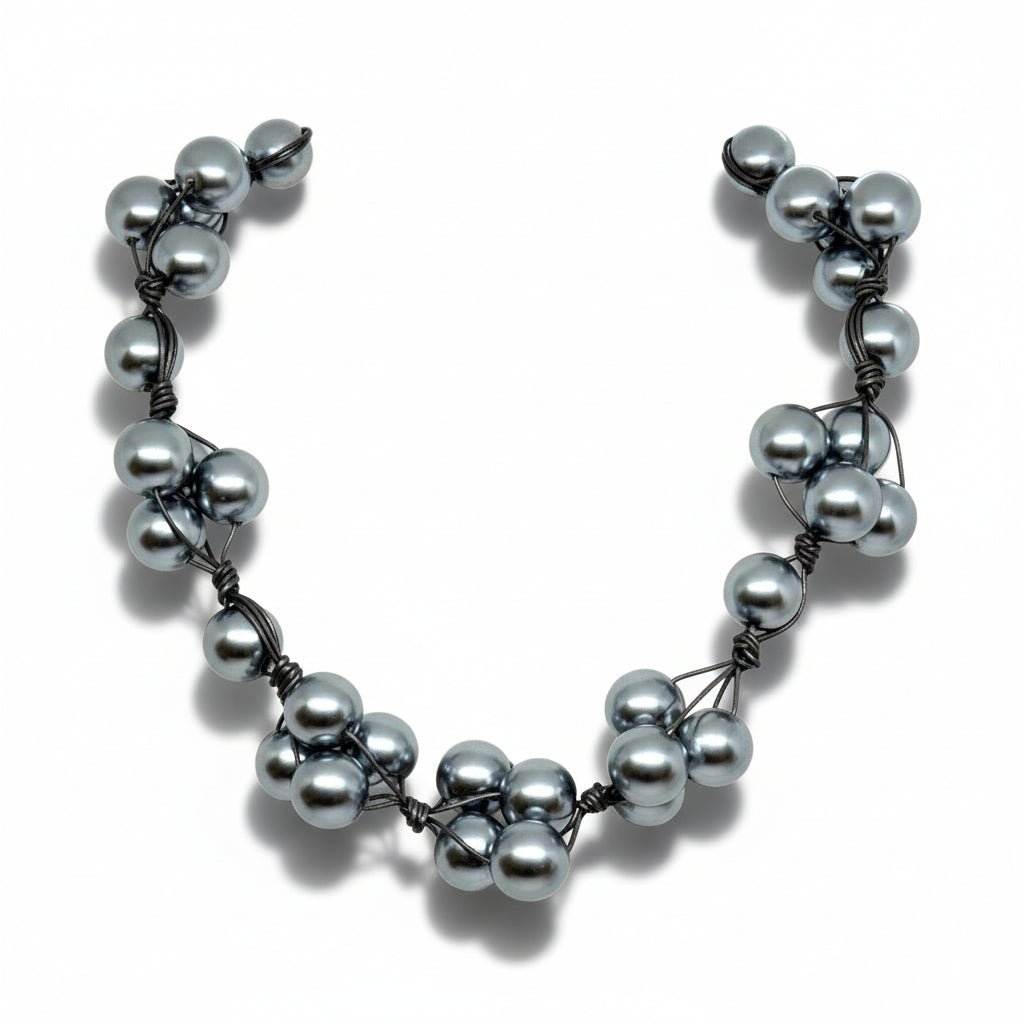 Grey Glass Pearls and Platinum Leather Woven Necklace - Che Cose Belle