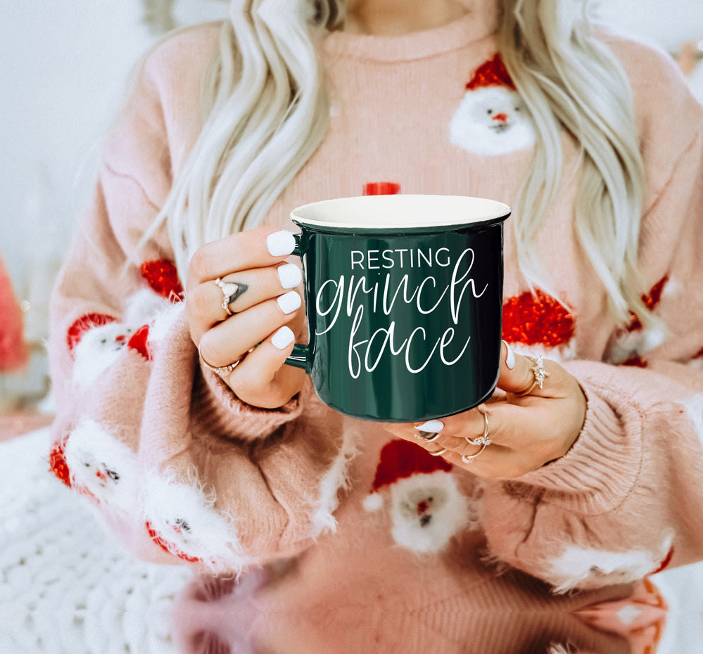 Grinch Face Mug 14.5oz Ceramic Campfire Mug Red Green Funny Holiday Coffee Cup