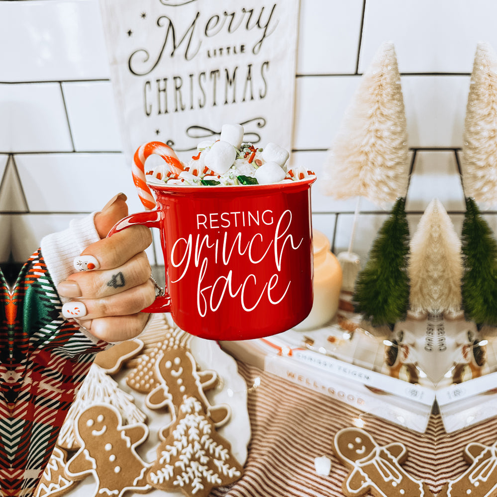 Grinch Face Mug 14.5oz Ceramic Campfire Mug Red Green Funny Holiday Coffee Cup