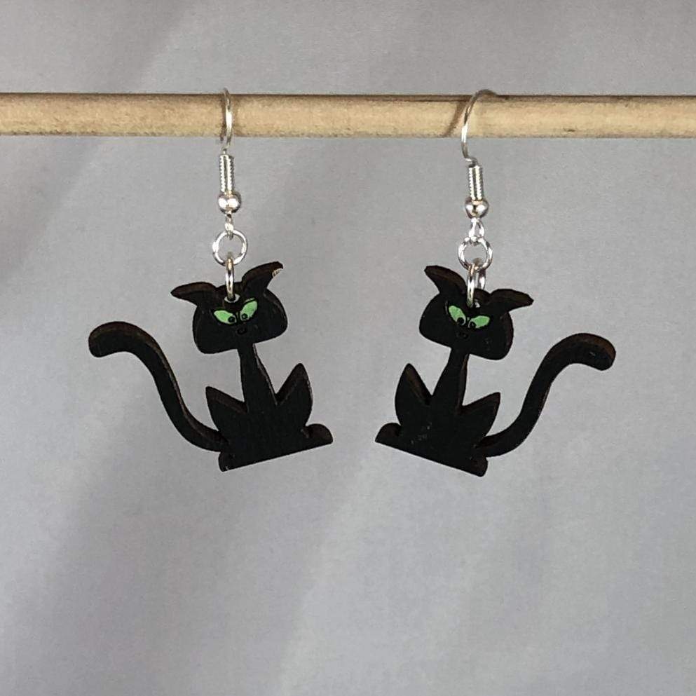 Halloween Black Cat Silhouette Wooden Dangle Earrings | Spooky Jewelry