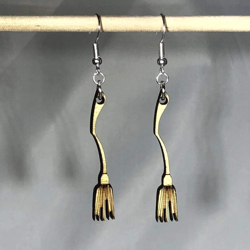 Witch Broom Wooden Dangle Earrings | Halloween Spooky Jewelry