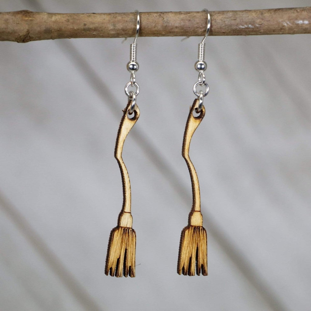 Witch Broom Wooden Dangle Earrings | Halloween Spooky Jewelry