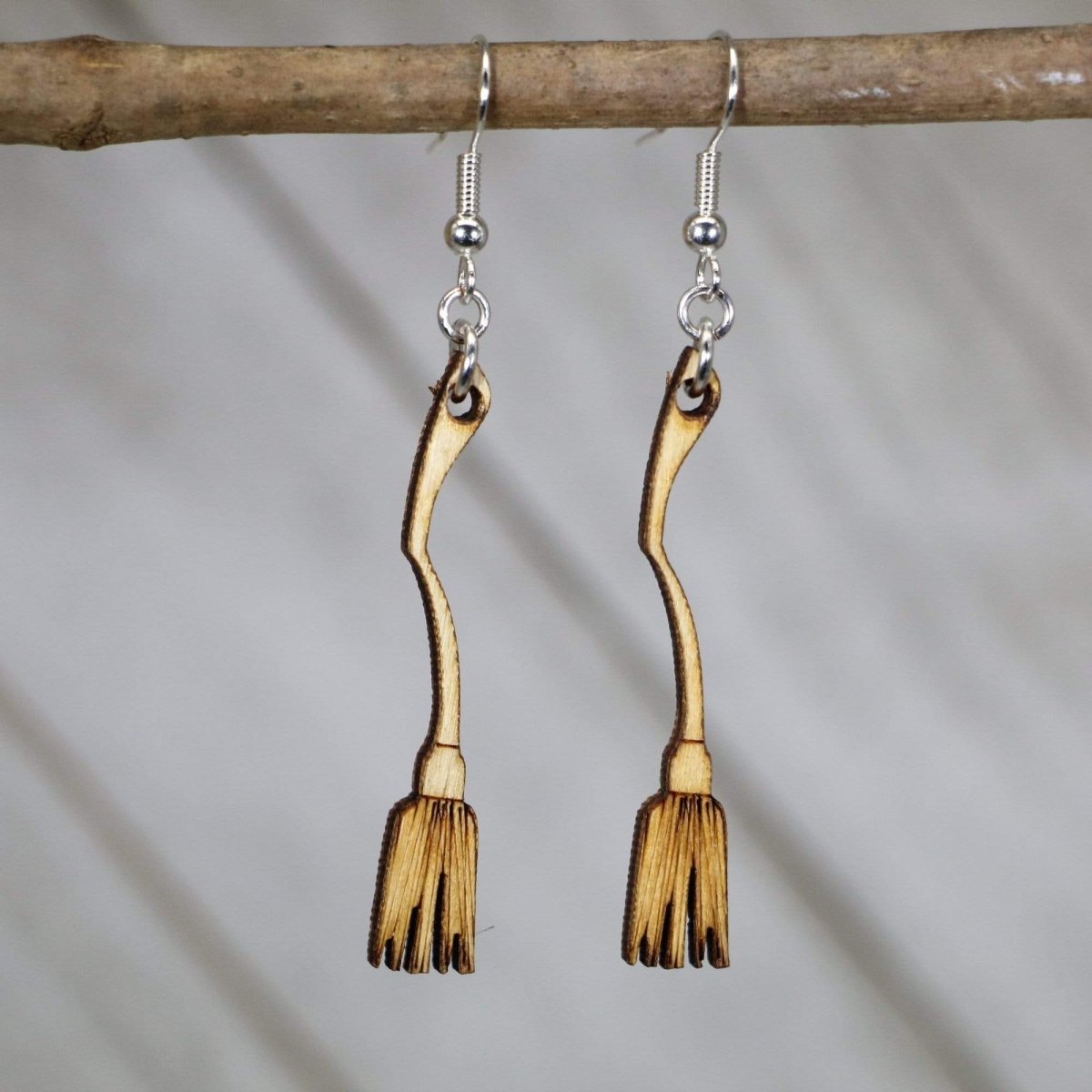 Witch Broom Wooden Dangle Earrings | Halloween Spooky Jewelry