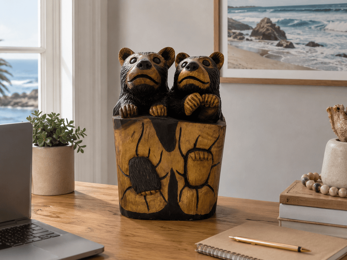 Hand Carved Suar Wood Bear Cub Sculpture | Balinese Wood Carving - Che Cose Belle