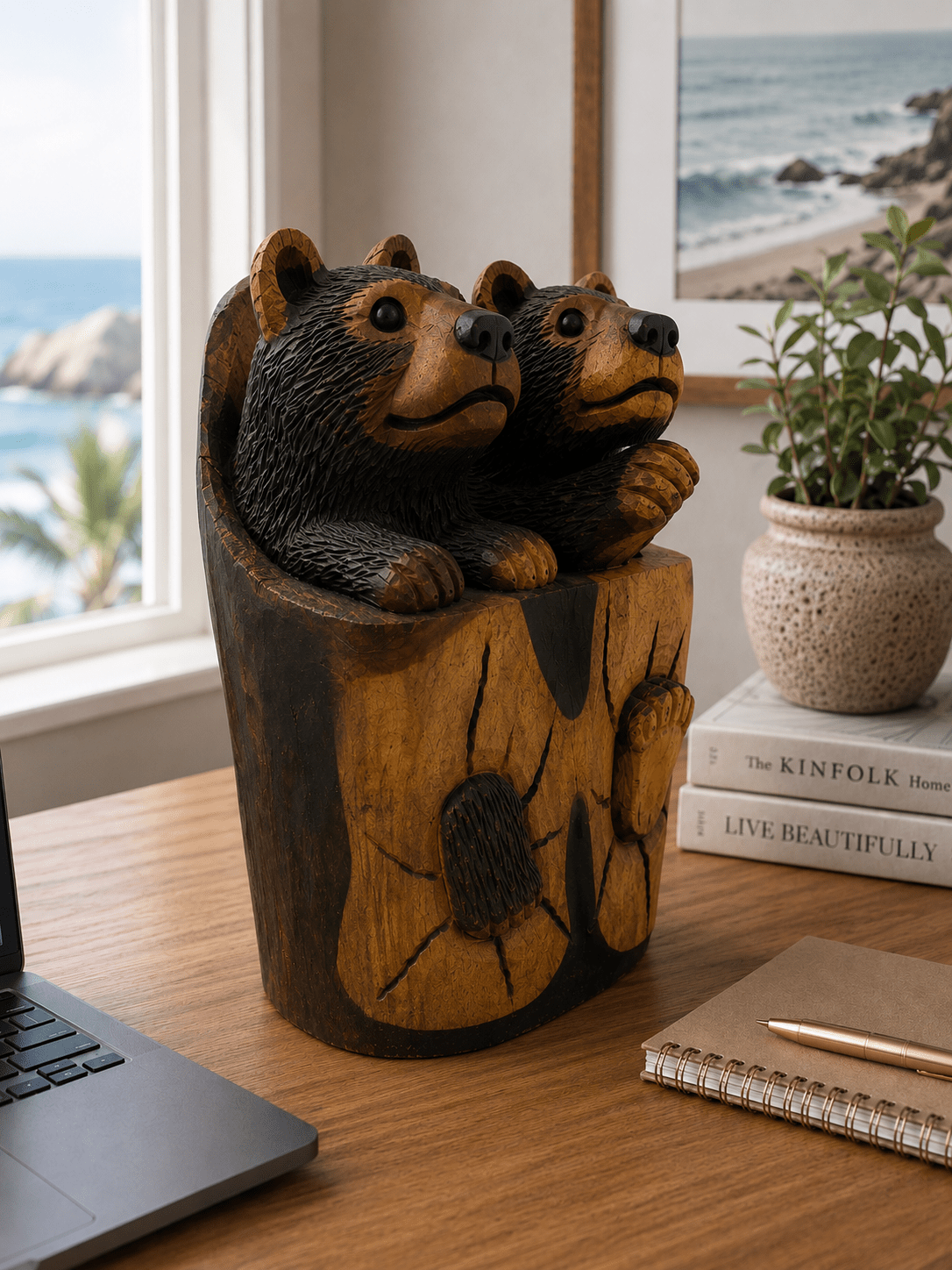 Hand Carved Suar Wood Bear Cub Sculpture | Balinese Wood Carving - Che Cose Belle