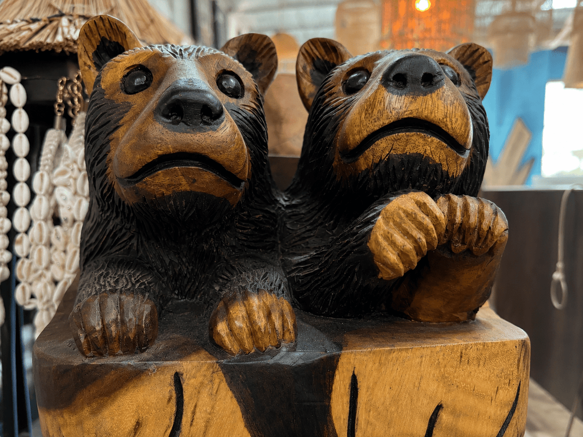 Hand Carved Suar Wood Bear Cub Sculpture | Balinese Wood Carving - Che Cose Belle