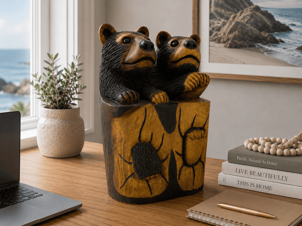 Hand Carved Suar Wood Bear Cub Sculpture | Balinese Wood Carving - Che Cose Belle