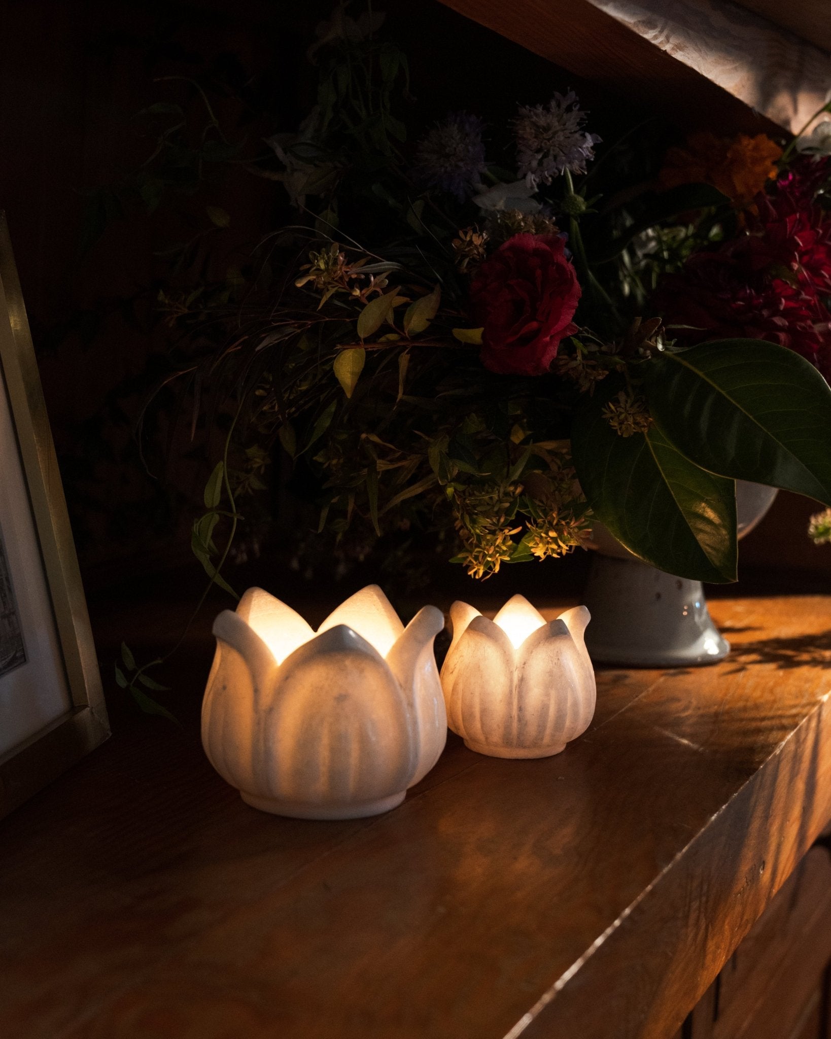 Hand - Carved White Makrana Marble Tulip Candleholders - Che Cose Belle