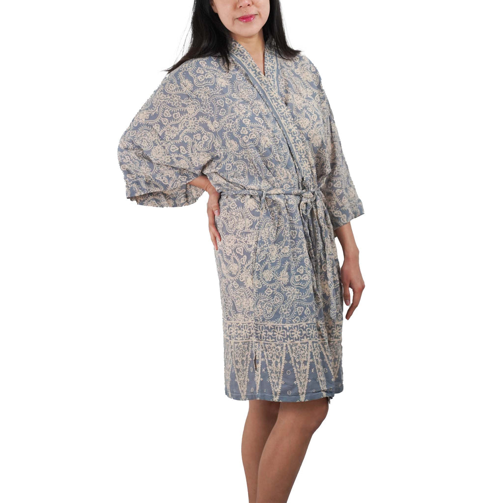 Hand Dyed Batik Robe Kimono, 100% Cotton, Gray, Silver Petals - Che Cose Belle