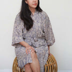 Hand Dyed Batik Robe Kimono, 100% Cotton, Gray, Silver Petals - Che Cose Belle
