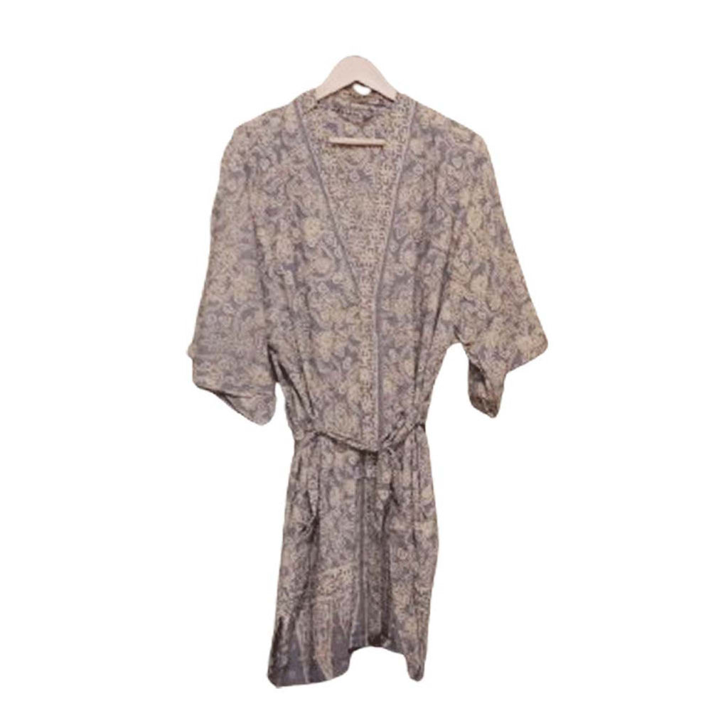 Hand Dyed Batik Robe Kimono, 100% Cotton, Gray, Silver Petals - Che Cose Belle