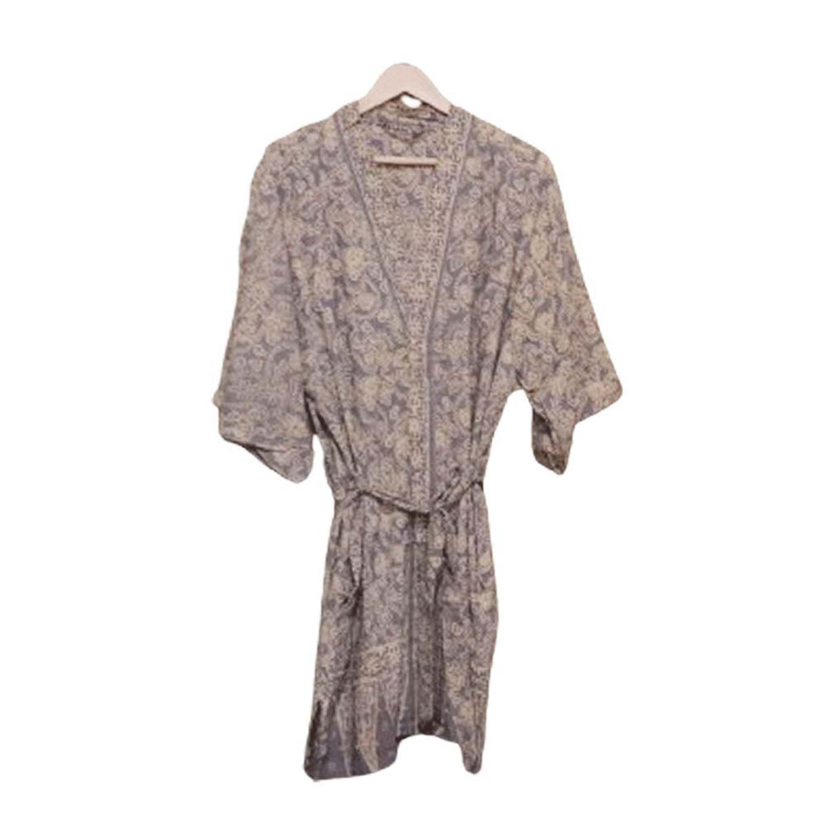 Hand Dyed Batik Robe Kimono, 100% Cotton, Gray, Silver Petals - Che Cose Belle