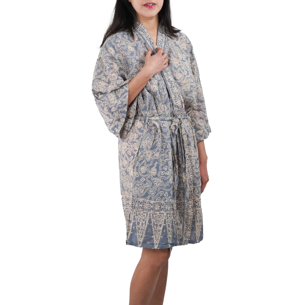 Hand Dyed Batik Robe Kimono, 100% Cotton, Gray, Silver Petals - Che Cose Belle