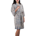 Hand Dyed Batik Robe Kimono, 100% Cotton, Gray, Silver Petals - Che Cose Belle
