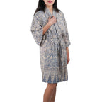 Hand Dyed Batik Robe Kimono, 100% Cotton, Gray, Silver Petals - Che Cose Belle