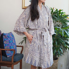 Hand Dyed Batik Robe Kimono, 100% Cotton, Gray, Silver Petals - Che Cose Belle