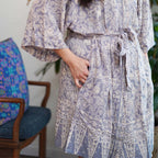 Hand Dyed Batik Robe Kimono, 100% Cotton, Gray, Silver Petals - Che Cose Belle