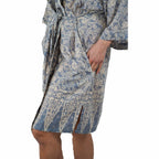 Hand Dyed Batik Robe Kimono, 100% Cotton, Gray, Silver Petals - Che Cose Belle