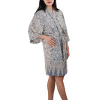 Hand Dyed Batik Robe Kimono, 100% Cotton, Gray, Silver Petals - Che Cose Belle