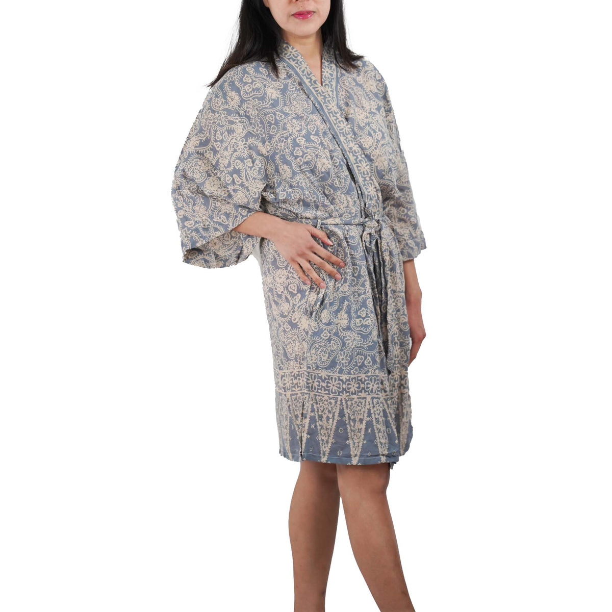 Hand Dyed Batik Robe Kimono, 100% Cotton, Gray, Silver Petals - Che Cose Belle