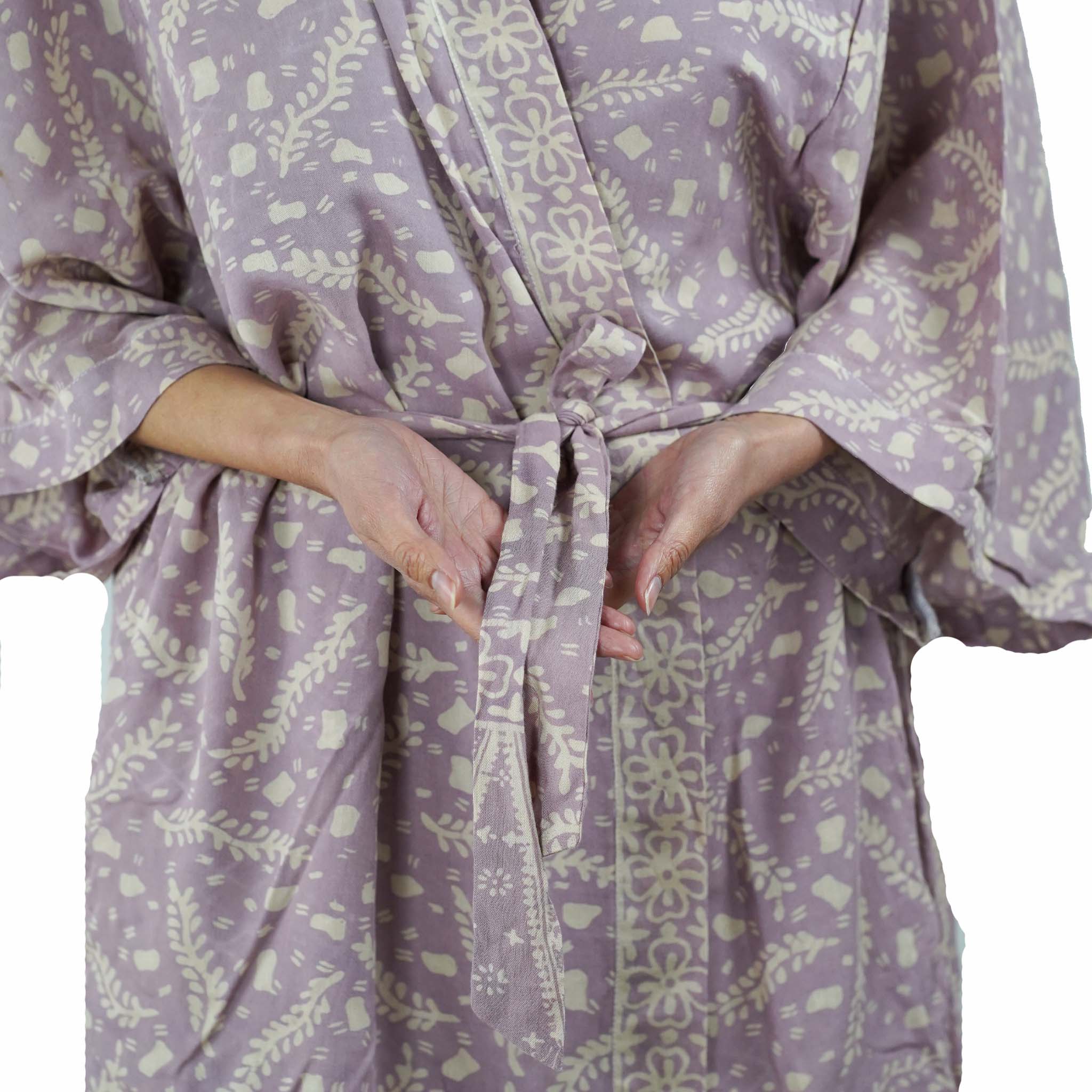 Hand Dyed Batik Robe Kimono, 100% Cotton Soft, Purple Lilac Lavender - Che Cose Belle