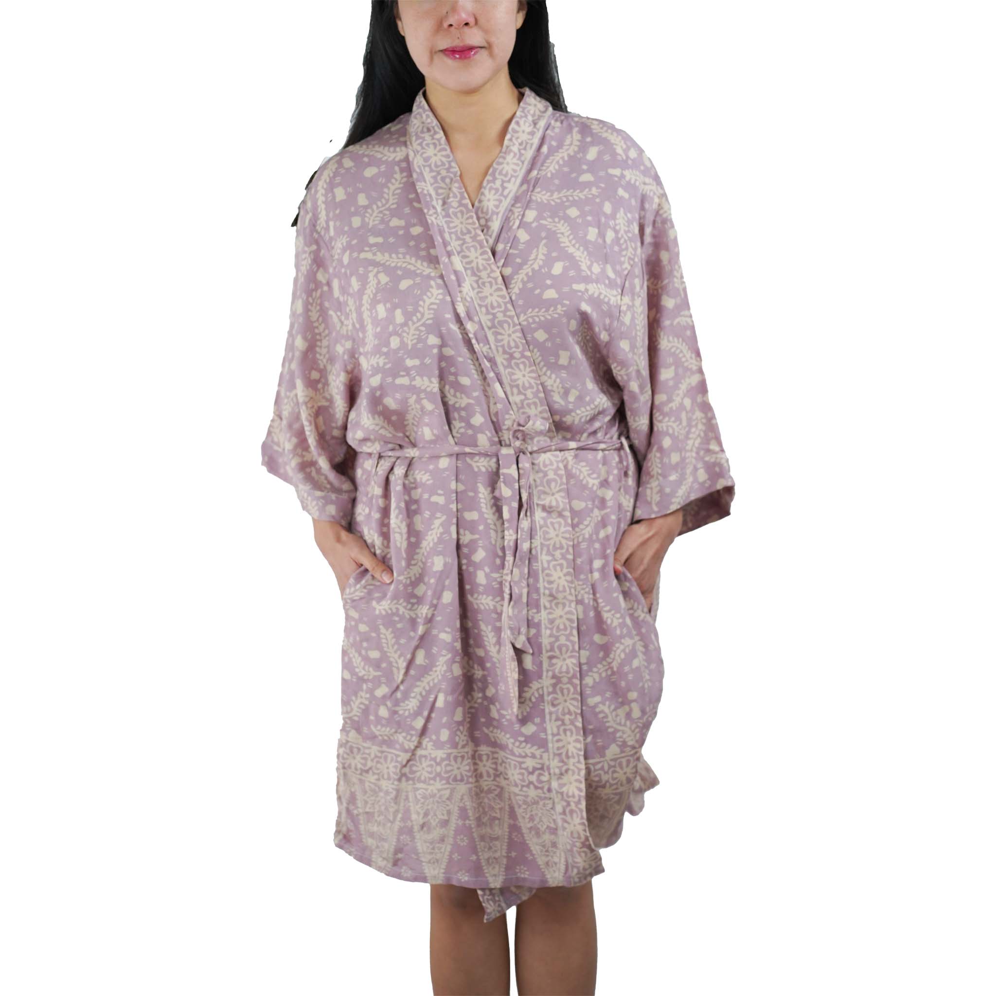 Hand Dyed Batik Robe Kimono, 100% Cotton Soft, Purple Lilac Lavender - Che Cose Belle