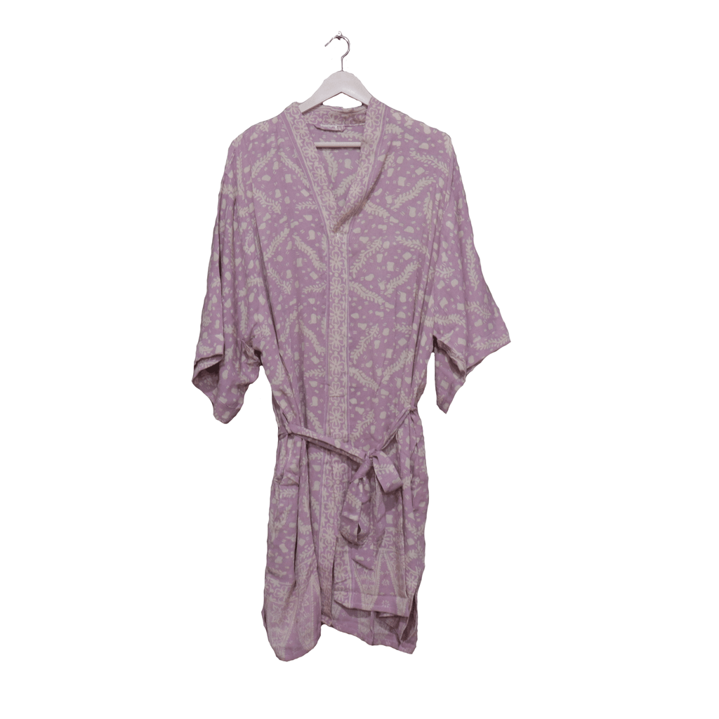 Hand Dyed Batik Robe Kimono, 100% Cotton Soft, Purple Lilac Lavender - Che Cose Belle