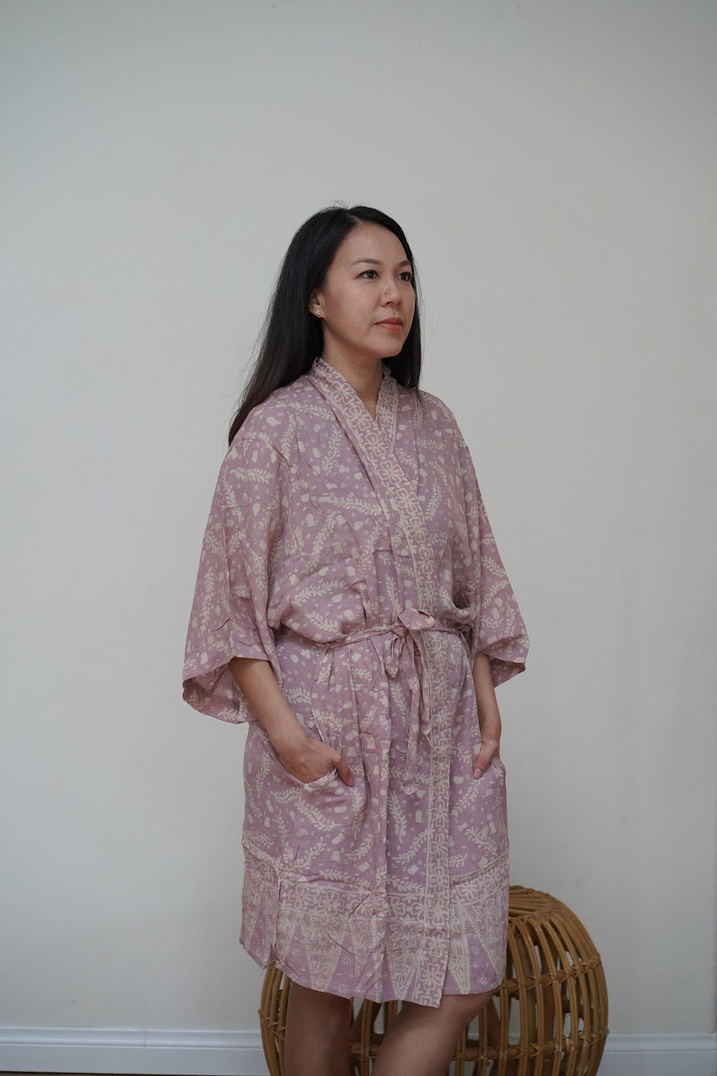Hand Dyed Batik Robe Kimono, 100% Cotton Soft, Purple Lilac Lavender - Che Cose Belle