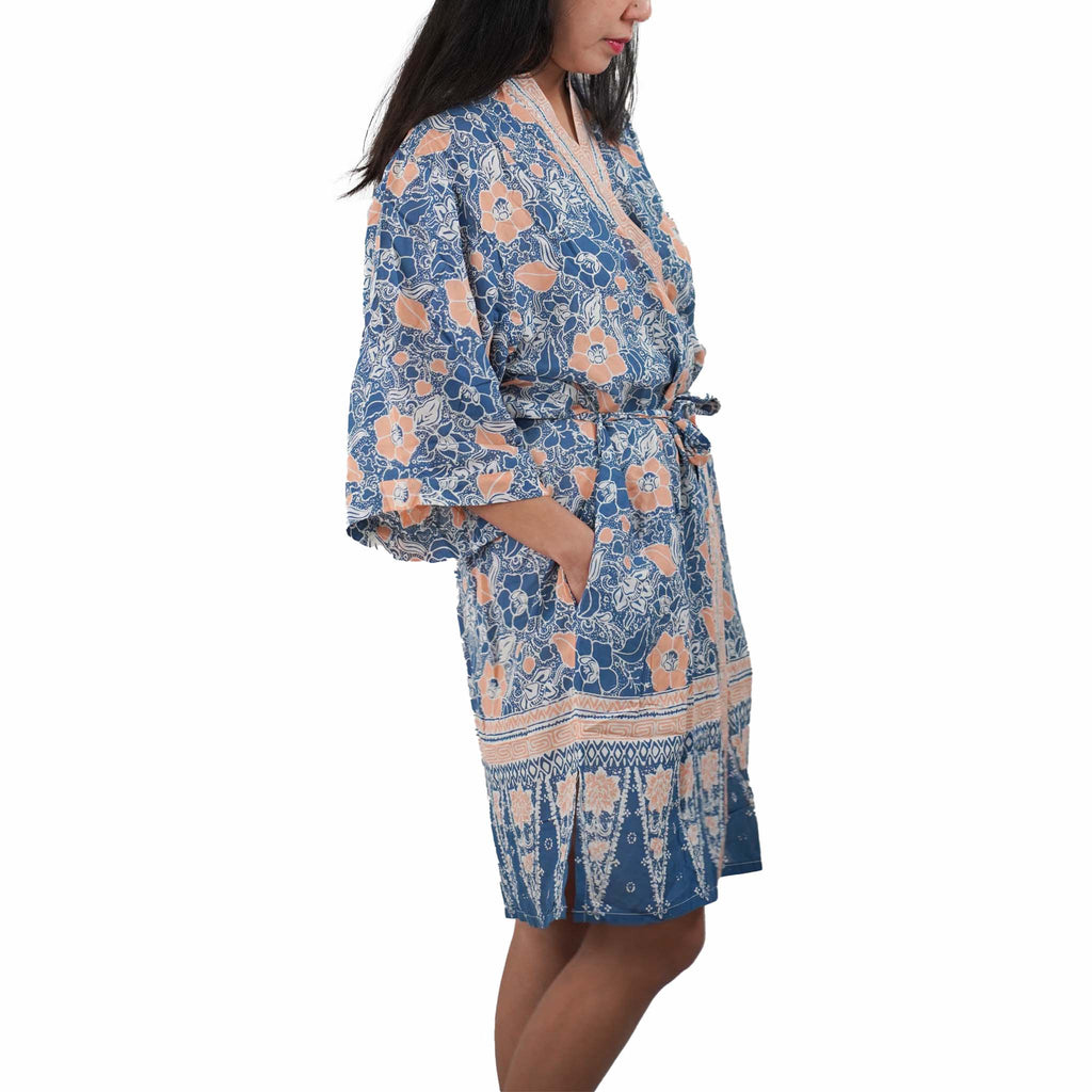 Hand Dyed Batik Robe/ Kimono, Cotton Soft, Sunset Sky, Blue, Orange - Che Cose Belle