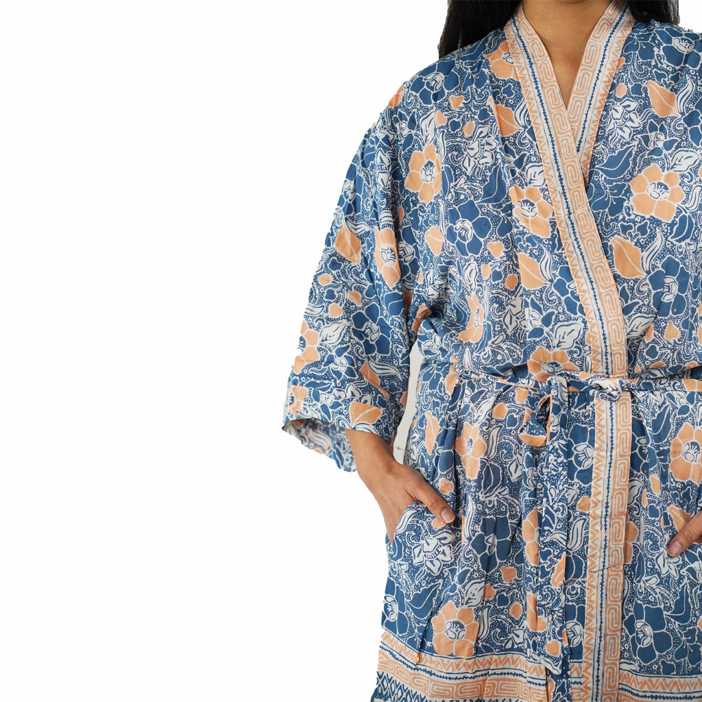 Hand Dyed Batik Robe/ Kimono, Cotton Soft, Sunset Sky, Blue, Orange - Che Cose Belle