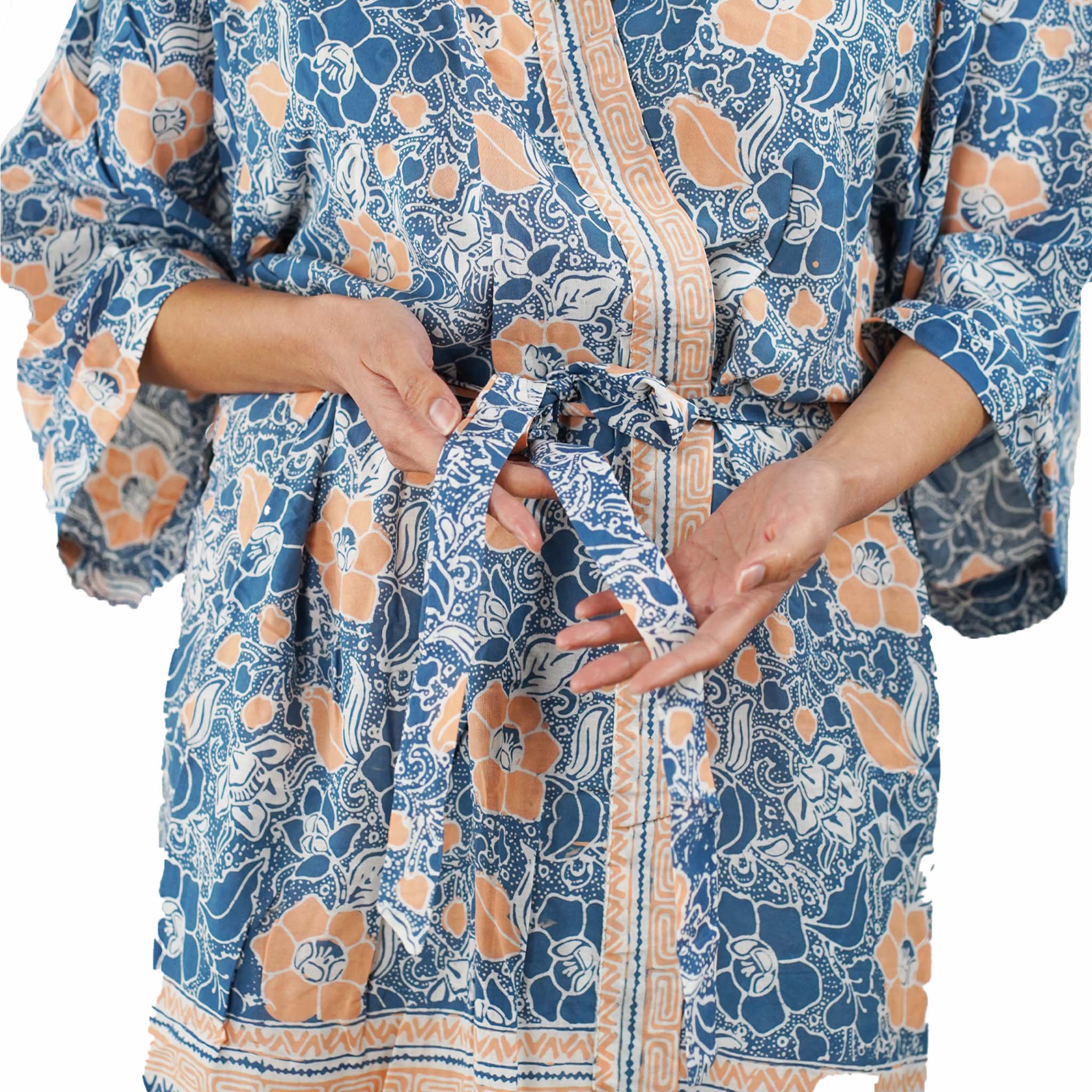 Hand Dyed Batik Robe/ Kimono, Cotton Soft, Sunset Sky, Blue, Orange - Che Cose Belle