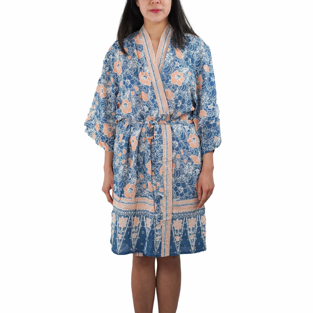 Hand Dyed Batik Robe/ Kimono, Cotton Soft, Sunset Sky, Blue, Orange - Che Cose Belle