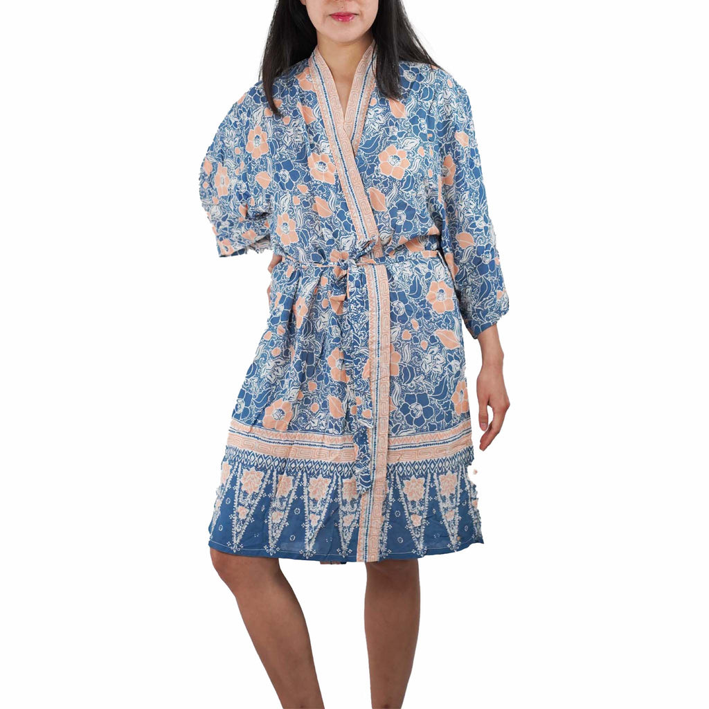 Hand Dyed Batik Robe/ Kimono, Cotton Soft, Sunset Sky, Blue, Orange - Che Cose Belle